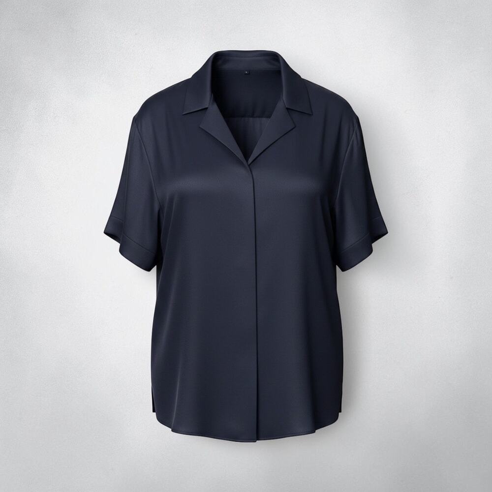 Quince Washable Stretch Silk short Sleeve Notch Collar Blouse Navy Blue Sz L NWT